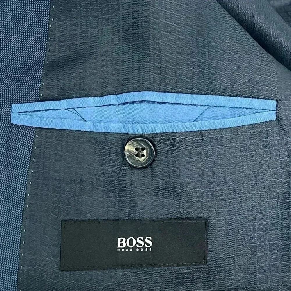 Hugo Boss Blue Micro Check Suit Jacket Blazer Coat Super 100 Modern Fit Men 42 L - Picture 8 of 12